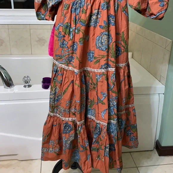 Anthropologie Love the Label Puffed Sleeves Orange Floral Tiered MIDI Dress XS - Picture 9 of 15